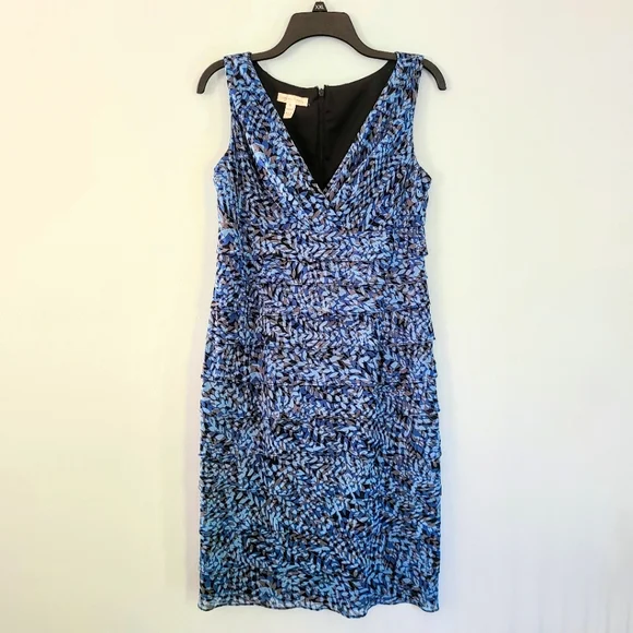 London Times Blue & Tan Sheer Ruffled Skirt V-Neck Sleeveless Midi Dress Size 10 - Picture 1 of 7